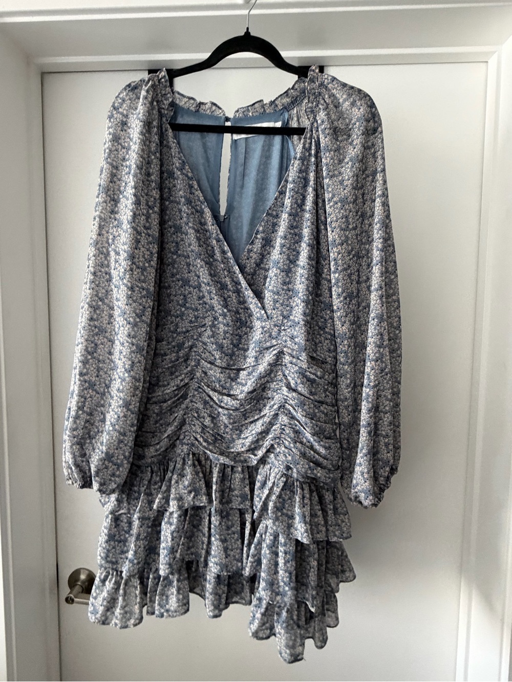 Astr Blue Floral Ruched V-Neck Mini Dress